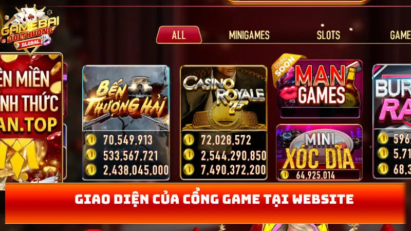 Giao diện của cổng game tại website 